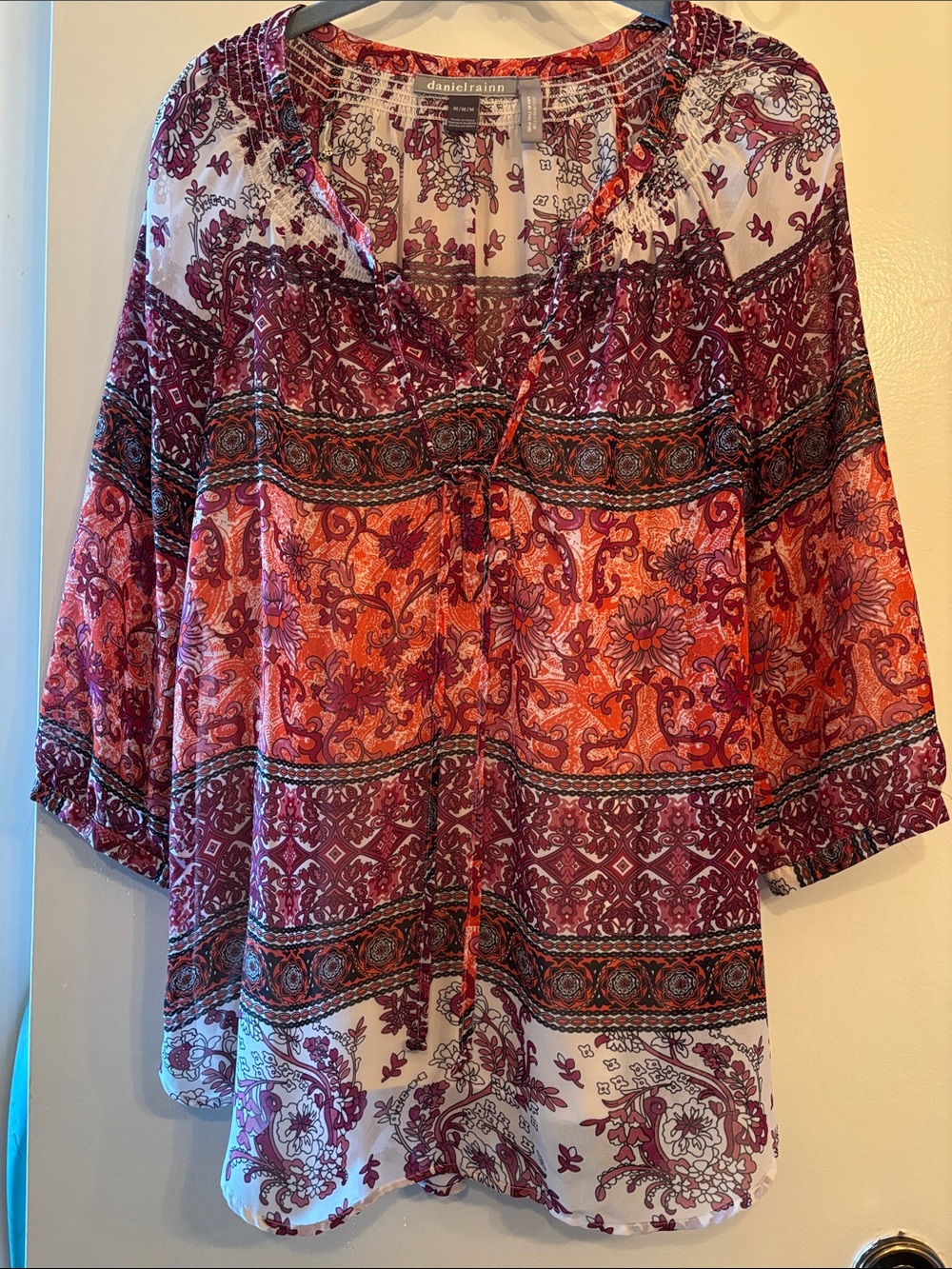 Daniel Rainn Orange and Burgundy Paisley Peasant Blouse
